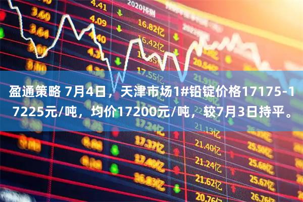 盈通策略 7月4日，天津市场1#铅锭价格17175-17225元/吨，均价17200元/吨，较7月3日持平。